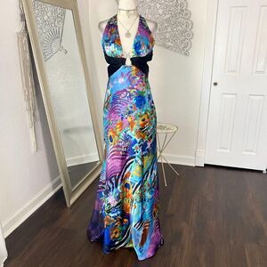 Morgan & Co Early 2000's Bratty Multi Satin Rhinestone Snake Halter Prom Dress S